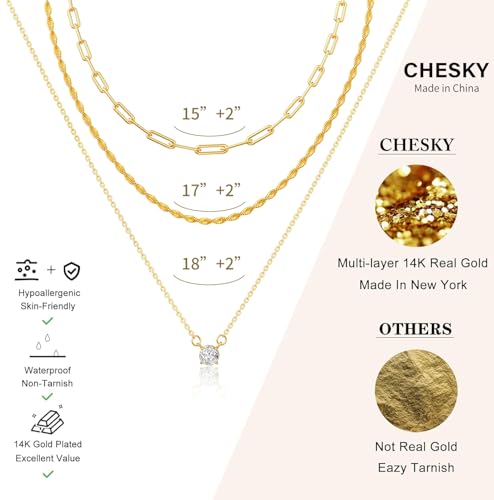CHESKY Gold Layered Necklaces Set, 14K Gold Plated Paperclip Chain Stack | 3 Pcs Dainty Layering Necklaces, Gold CZ Pendant Necklace Trendy Jewelry Gift for Women Daily Wear - style: CZ-gold