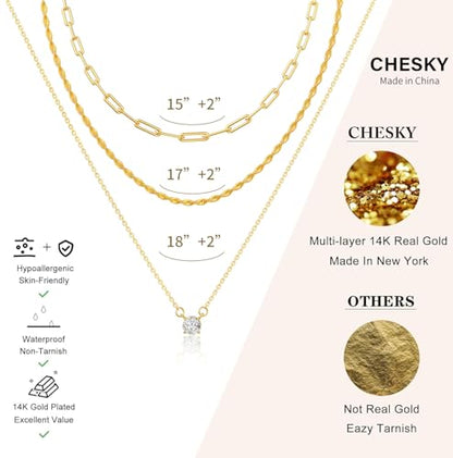 CHESKY Gold Layered Necklaces Set, 14K Gold Plated Paperclip Chain Stack | 3 Pcs Dainty Layering Necklaces, Gold CZ Pendant Necklace Trendy Jewelry Gift for Women Daily Wear - style: CZ-gold