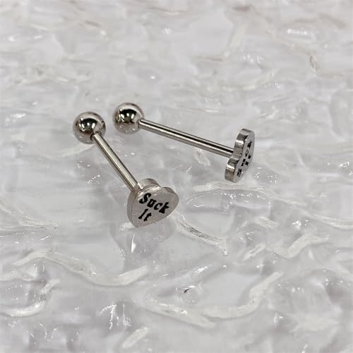 14G Heart Tongue Rings for Women Men Stainless Steel Letter Suck It Naughty Words Love Heart Straight Barbells Tongue Rings Piercing Jewelry