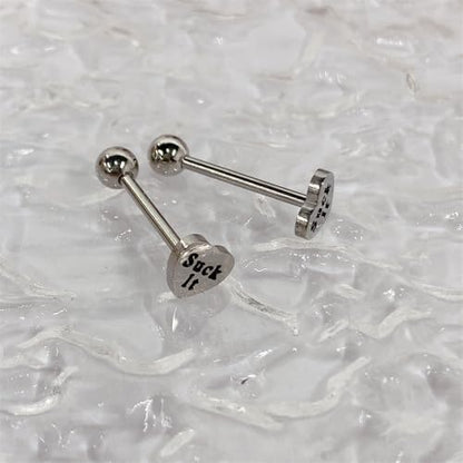 14G Heart Tongue Rings for Women Men Stainless Steel Letter Suck It Naughty Words Love Heart Straight Barbells Tongue Rings Piercing Jewelry