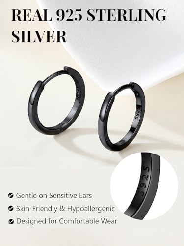 925 Sterling Silver Huggie Hoop Earrings, Small Silver Hoop Earrings for Women Hypoallergenic Huggie Lightweight Small Hoops Earring Cartilage Sleeper Earrings 6/8/10/12/14/16/18/20mm - color: Black, size: 6MM