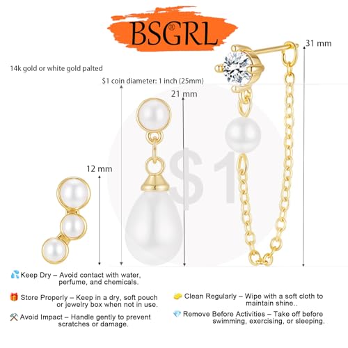 Pearl Earrings - 14k Gold or White Gold Plated Sparkle Cubic Zirconia Dainty Pearl Stud Earrings for Women Wedding Party Bridal - color: gold ear stack