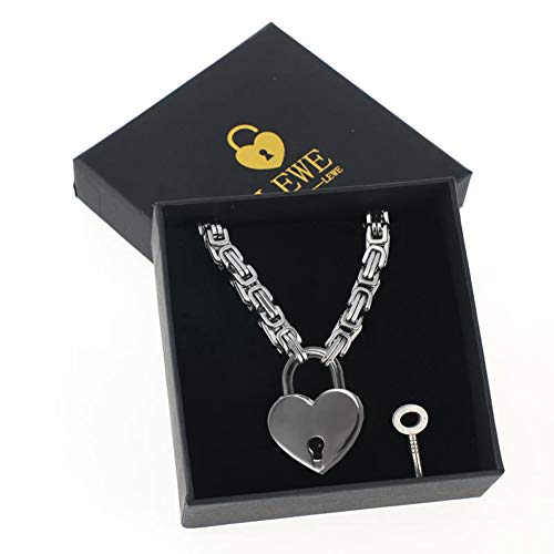 Heart Padlock Collar Stainless Steel Lock Necklace Byzantine Chain Necklace Locking Collar Choker for Men Women Jewelry - style: B