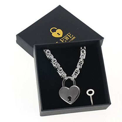 Heart Padlock Collar Stainless Steel Lock Necklace Byzantine Chain Necklace Locking Collar Choker for Men Women Jewelry - style: B