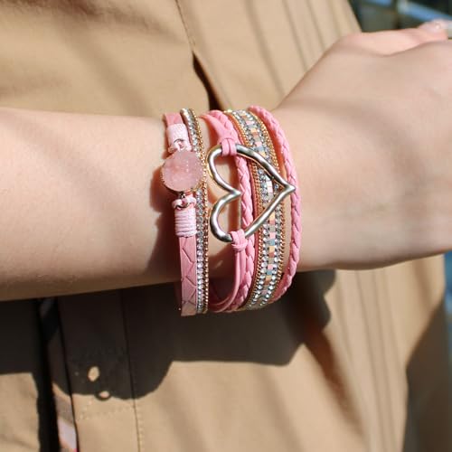 Womens Love Heart Leather Wrap Bracelet Multi-layer Stacked Bangle | Magnetic Clasp Soft PU Leather Resin Stone Rhinestone Boho Style Birthday Valentine Christmas Bohemian Jewelry Gift - color: Pink