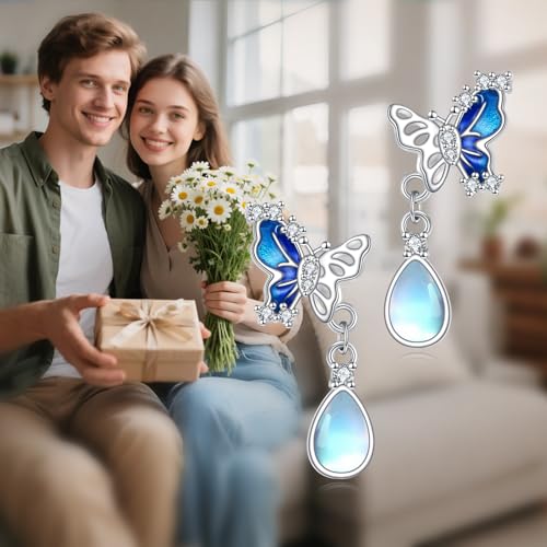 POPLYKE Dragonfly Butterfly Hummingbird Sunflower Earrings 925 Sterling Silver Abalone Shell Moonstone Leverback Earrings Jewelry - style: Moonstone Butterfly