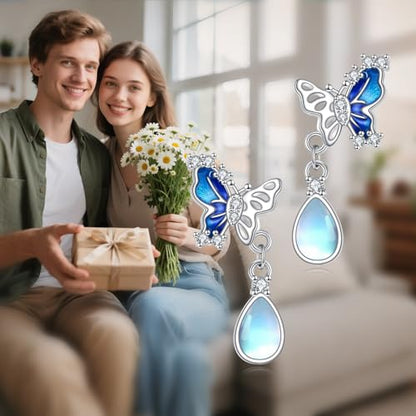 POPLYKE Dragonfly Butterfly Hummingbird Sunflower Earrings 925 Sterling Silver Abalone Shell Moonstone Leverback Earrings Jewelry - style: Moonstone Butterfly