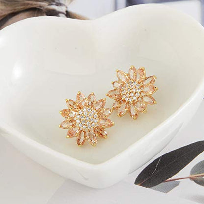 Crystal Flower Burst Stud Earirings - Big Sterling Silver CZ Cubic Zirconia Rhinestone Daisy Sunflower Floral Cluster Studs Bridal Wedding Party Prom Costume Jewelry for Bride Bridesmaids Women Birthstone Birthday Gift - color: Champagne