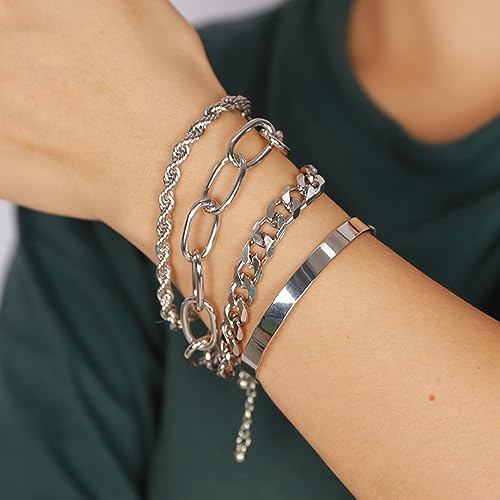 Dainty Boho Chain Bracelets Set for Women Adjustable Fashion Beaded Chunky Flat Cable Chain Punk Bracelets for Women Gift Set of 4 - color: Silver