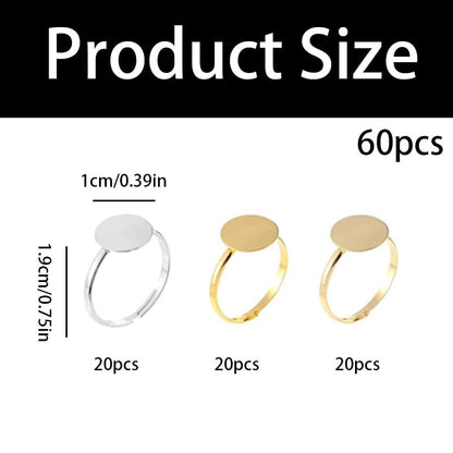 60 Pcs Adjustable Ring Blanks for Jewelry Making, 3-Color Stainless Steel Flat Base Craft Rings for DIY, 20Pcs Each in Silver Gold Rose Gold
