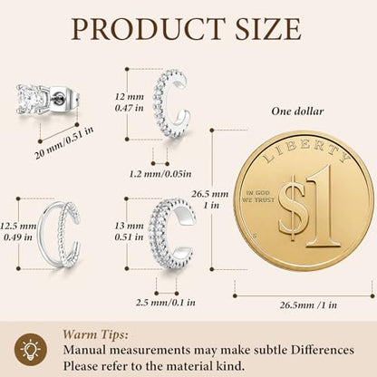 4PCS 14K Gold Plated Ear Cuffs, Ears Clip On Earrings for Women | Adjustable Non Piercing Ears Clip Design, Sparkling Cubic Zirconia, Stackable Single Wear, Gift Box For All Occasions - color: SILVER