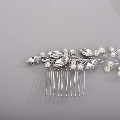 Chargances Bridal Pearl Crystal Hair Vine Comb Wedding Silver Long Headband Hair Comb Fashion Handmade Headpiece Bridal Hair Accessories for Wedding Prom Flower Girl (Silver) - color: Silver