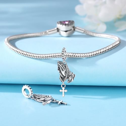 925 Sterling Silver Charms for Bracelets and Necklace Religious Cross Pendants Praying Hands, Bible, Virgin Mary, Jesus, Church Bead Jewelry - color: Prayer Cross Charms
