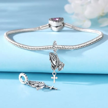 925 Sterling Silver Charms for Bracelets and Necklace Religious Cross Pendants Praying Hands, Bible, Virgin Mary, Jesus, Church Bead Jewelry - color: Prayer Cross Charms