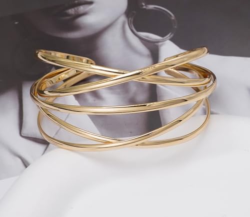 Multi-Layer Cuff Bracelet for Women Cross Wire Bracelets Open Wide Cuff Gold Bangle Bracelet - color: Gold 1