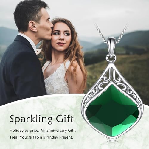 YAFEINI Teardrop Necklace Sterling Silver Filigree Irish Pendant Necklace Natural Stone Moonstone/Lapis Lazuli/Larimar/Moss Agate Necklace Jewelry - color: Emerald stone necklace