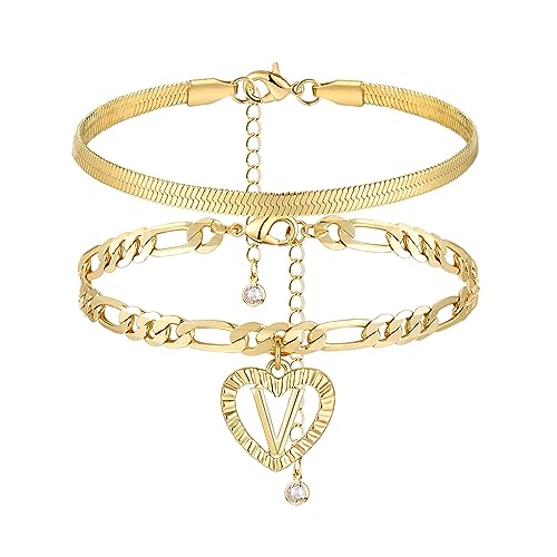 YANODA Gold Ankle Bracelets for Women Waterproof, 14k Gold Plated Layered Snake Anklets Figaro Chain Letter Initial Anklets Handmade Heart Ankle Bracelets Personalized for Women Beach Jewelry Gifts - color: V
