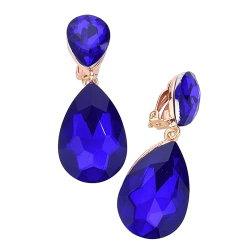 Rosemarie & Jubalee Women's Double Teardrop Statement Glass Crystal Rhinestone Dangle Clip On Bridal Earrings, 2" - color: Sapphire Blue Crystal Gold Tone
