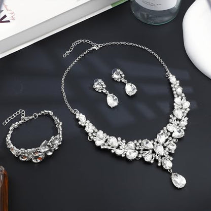 NEWITIN 4 Pieces Crystal Jewelry Set for Women Wedding Costume Accessories | Hypoallergenic, Cubic Zirconia, Necklace Earrings Bracelet, Tennis, Silver Jewelry for Wedding Bride Bridesmaid Party Prom - color: Silver Shiny