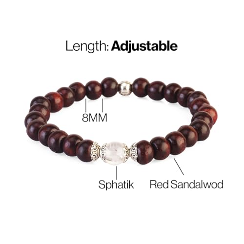 Avoirr 8mm-Red Sandalwood & Clear Quartz Bracelet | Handcrafted Spiritual Beads Jewelry | Meditation, Clarity & Balance Bracelet | Unisex Stretch Bracelet-Natural Wooden & Crystal Healing Beads- 7 Inches