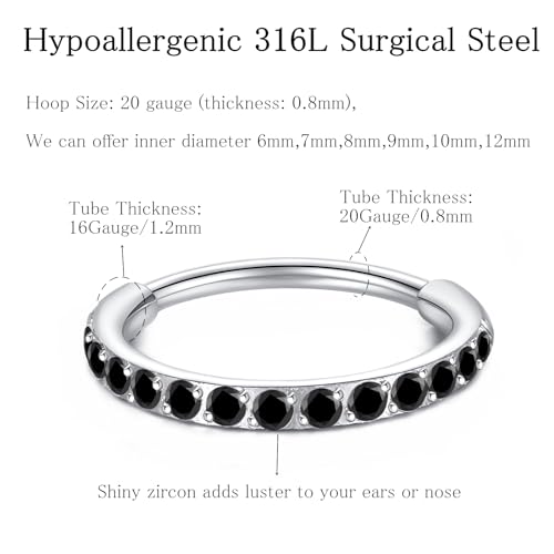 ORANGELOVE 20G 18G 16G Clear CZ Nose Ring Hoop 316L Surgical Steel Seamless Silver Septum Ring Clicker Jewelry Cartilage Earring Ear Piercing Hoop Earrings for Women Men Helix Rook Lobe Conch Tragus Daith Lip Hinged Piercing Jewelry with Cubic Zirconia -