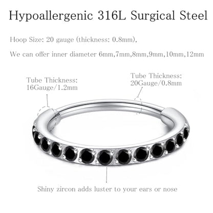 ORANGELOVE 20G 18G 16G Clear CZ Nose Ring Hoop 316L Surgical Steel Seamless Silver Septum Ring Clicker Jewelry Cartilage Earring Ear Piercing Hoop Earrings for Women Men Helix Rook Lobe Conch Tragus Daith Lip Hinged Piercing Jewelry with Cubic Zirconia -