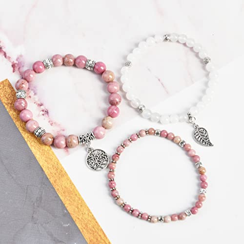 YGLINE Tree of Life Yoga Healing Stone Bracelets,Multilayer Lotus Chakra Stone Reiki Bracelet Sets,Anxiety Crystal Natural Stone,for Women Stress Relief - color: Rhodonite＆white marble-3w