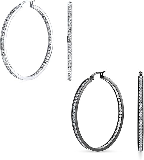 Stainless Steel Inside Out 40mm Hoop Earrings for Women – Sparkling CZ Crystal Hoops, Hypoallergenic, Lightweight, Modern Everyday Earrings – Silver, 18K Gold Plated, & Black Options - color: Silver + Black