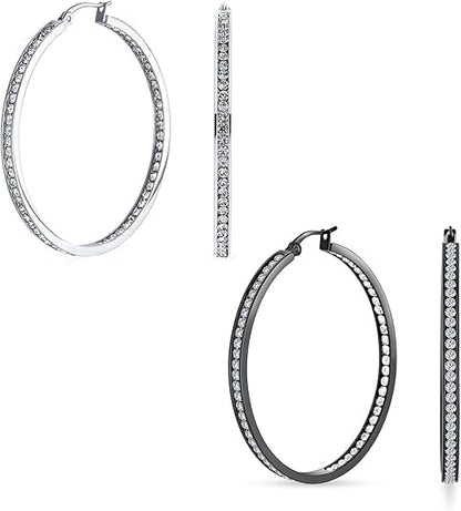 Stainless Steel Inside Out 40mm Hoop Earrings for Women – Sparkling CZ Crystal Hoops, Hypoallergenic, Lightweight, Modern Everyday Earrings – Silver, 18K Gold Plated, & Black Options - color: Silver + Black