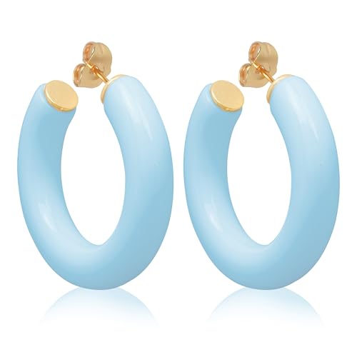 Gold Plated Multicolor Resin Chunky Thick Open Hoop Earrings in 57MM and 37.5MM Diameters - color: Blue - Baby Blue - Glossy Finish, size: 37.5MM (1.48") Diameter