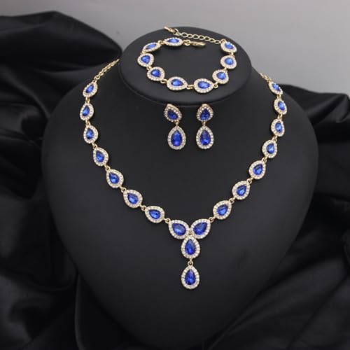Austrian Crystal Rhinestone Necklace Dangle Earrings Link Bracelet Jewelry Set for Brides Bridesmaid Prom Costume Accessories for Women - color: Blue-Gold Plated