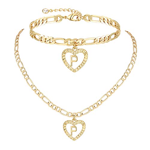 YANODA Gold Initial Pendant Necklace Anklet Bracelet for Women 14K Gold Plated Figaro Chain Letter Initial Heart Necklace Anklets Alphabet Foot Jewelry Personalized Jewelry for Women - style: P