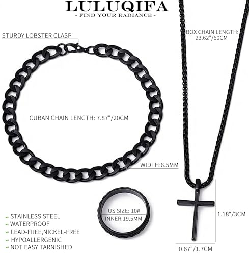 3-Piece Cross Pendant Necklaces Bracelets Rings Jewelry Sets for Men Women,Cuban Chain Bangle,Adjustable Box Link,Religious Charm,Fashion Jewelry Accessories for Party Birthday Gifts - color: Black