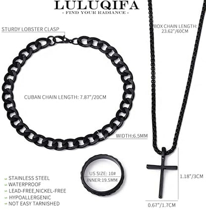 3-Piece Cross Pendant Necklaces Bracelets Rings Jewelry Sets for Men Women,Cuban Chain Bangle,Adjustable Box Link,Religious Charm,Fashion Jewelry Accessories for Party Birthday Gifts - color: Black