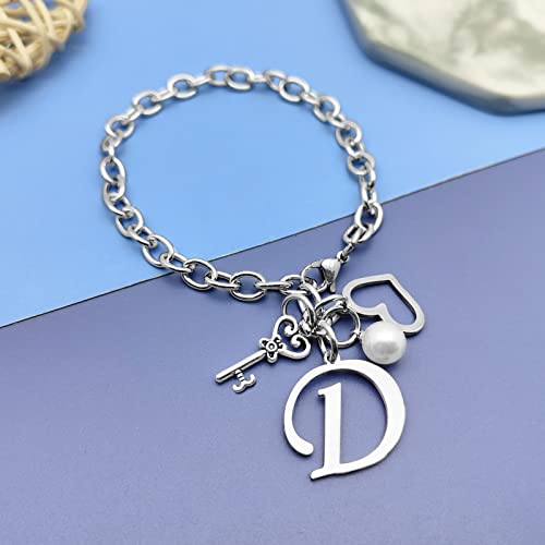 Initial A-Z Bracelets Gift for Women Girls Stainless Steel Chain Bracelet 26 Alphabet Jewelry Gifts for Birthday Anniversary Letter Bracelet Monogram Gifts for Sister Friend Girlfriends Mom 8.26 Inch - color: D