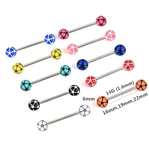 10pc 14G Tongue Ring Surgical Steel Bar UV Acrylic Ball Multi Color Star & Football Pattern Barbell Body Piercing Jewelry
