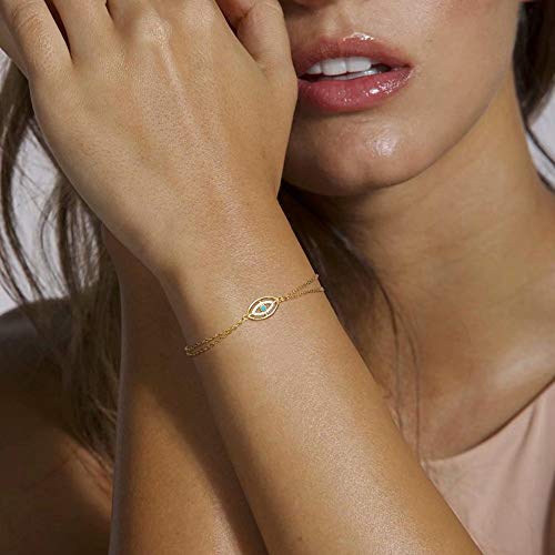 Dainty Gold Bracelets for Women, 14K Gold Plated Adjustable Layered Beads Bracelet Cute Evil Eye Oval Chain Pearl Bar Turtle Gold Bracelets for Women Jewelry - style: CZ Evil Eye