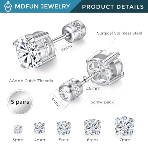 5 Pairs Screw Back Stud Earrings Set, Cubic Zirconia Stud Earring for Women Men Hypoallergenic 316L Surgical Stainless Steel Round Cut CZ 3-7mm - color: White Gold Plated