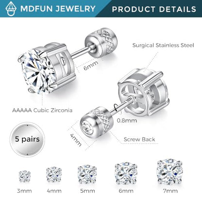 5 Pairs Screw Back Stud Earrings Set, Cubic Zirconia Stud Earring for Women Men Hypoallergenic 316L Surgical Stainless Steel Round Cut CZ 3-7mm - color: White Gold Plated
