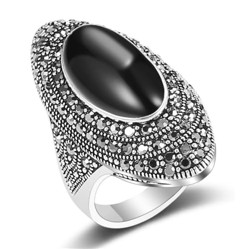 Black Rhinestones Oval Cocktail Statement Rings for Women Boho Elegant Marcasite Onyx Finger Ring for Anniversary Wedding Vintage Comfort Fit Fashion Jewelry