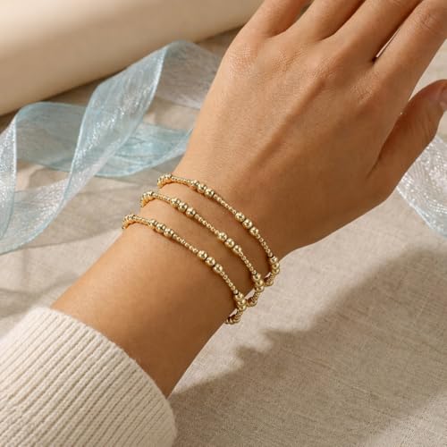Gold Bracelets for Women, Beaded Cross Stack, Non Tarnish Set，Set-1 | Gold Beaded Bracelet Stack with Stretch Fit, Waterproof Finish and Dainty Design for Everyday Wear and Gifts - color: Colors-15