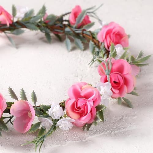 Fairy Pink Flower Crown Headband, Rose Floral Headpiece | Adjustable, Fairy Flower Crown, Women Girls, Renaissance Birthday Wedding Party Photo Props - color: Pink