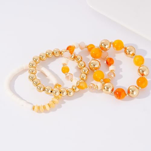 LALAPPLE Gold Plated Beaded Acrylic Bamboo Tube Bangle Bracelets for Women, Colorful Chunky Curved Tube With Gold Plated Pieces Beads Stretch Bracelet Friendship Summer Beach Jewelry - color: A-Style 1-gold 4pcs