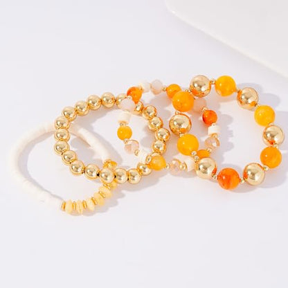 LALAPPLE Gold Plated Beaded Acrylic Bamboo Tube Bangle Bracelets for Women, Colorful Chunky Curved Tube With Gold Plated Pieces Beads Stretch Bracelet Friendship Summer Beach Jewelry - color: A-Style 1-gold 4pcs