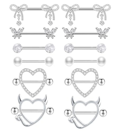 TIANCI FBYJS 6 Pairs 14G Nipple Rings for Women 316L Stainless Steel Heart Bow CZ Flower Barbell Nipple Rings Set Cute Nipplerings Piercing Jewelry - color: silver