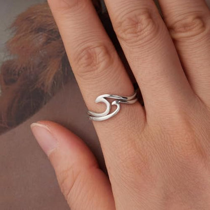 MUNDELL 925 Sterling Silver Simple Multi-layer Leaf Adjustable Ring Green Lucky Leaves Statement Ring for Women Promise Ring Fine Jewelry - color: White Silver