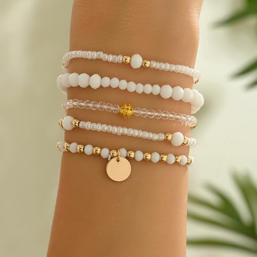 Bohemian Handmade Crystal Seed Beads Disc Pendant Colorful Multilayered Elastic Bracelets Stackable Stretch Strand Bangles Friendship Summer Beach Jewelry for Women - color: white