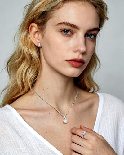 Halo Cubic Zirconia Jewelry Set for Women, Square CZ Stud Earrings Pendant Necklace Adjustable Ring, Silver Simulated Diamond Jewelry for Wedding/Birthday/Prom/Christmas