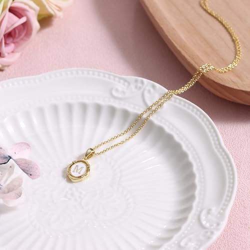 14K Gold Plated Initial Necklaces for Women, Letter Charm Pendant Necklace | Dainty Oval White Enamel Personalized Name Necklace, Trendy Jewelry with 16 inches Chain and 2 inches Extender - color: M