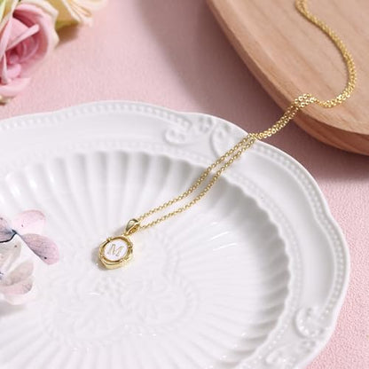 14K Gold Plated Initial Necklaces for Women, Letter Charm Pendant Necklace | Dainty Oval White Enamel Personalized Name Necklace, Trendy Jewelry with 16 inches Chain and 2 inches Extender - color: M